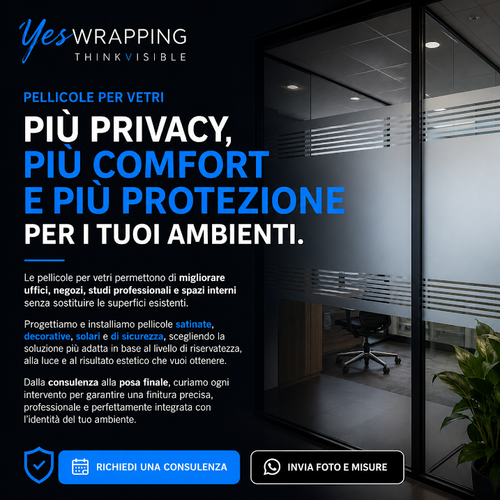 Pellicole privacy per vetri | Uffici, negozi e vetrine Pellicole privacy satinate per vetri di uffici, negozi e studi professionali installate da YesWrapping.</p>
<p>
