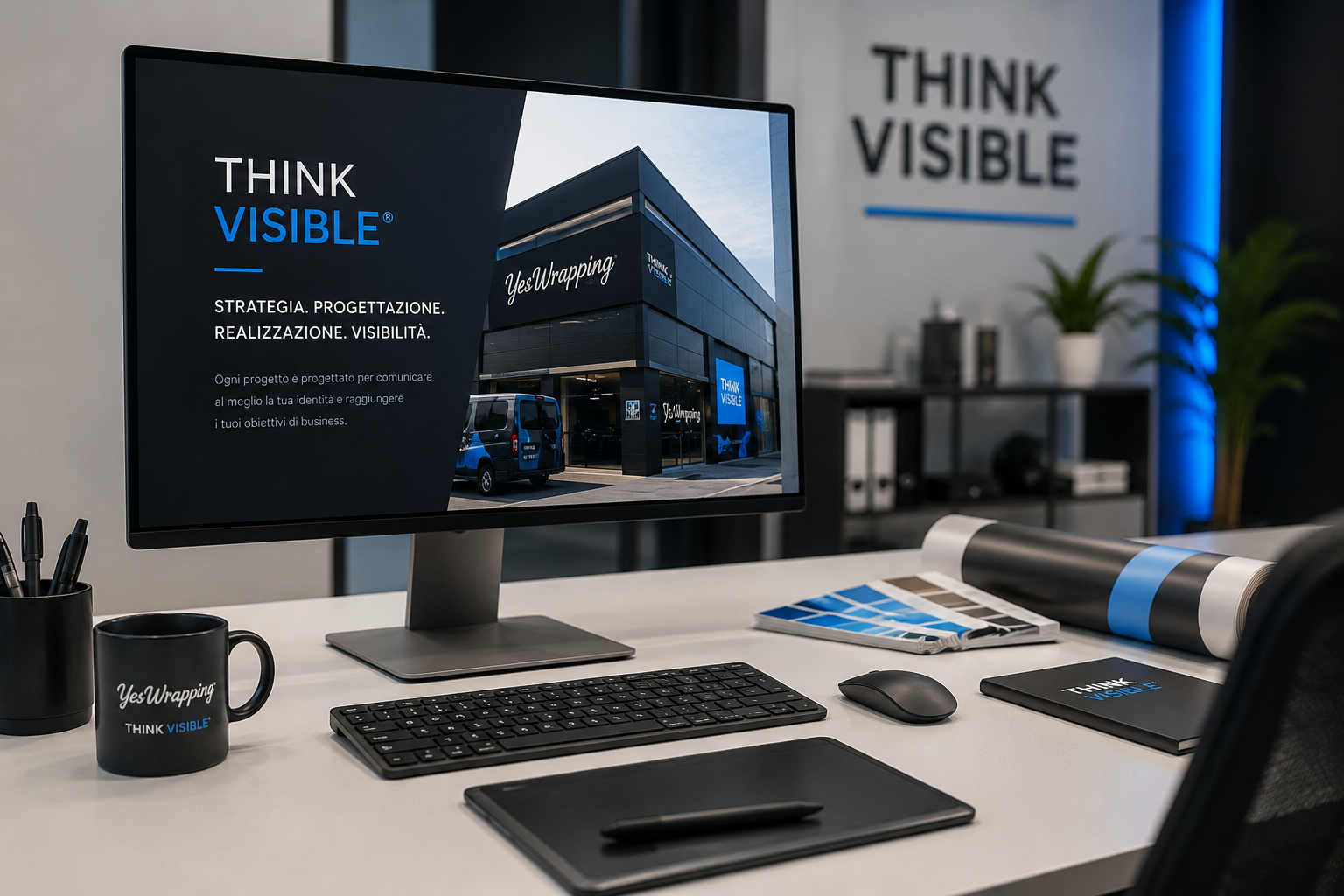 Progettazione grafica e sviluppo di soluzioni personalizzate YesWrapping con metodo ThinkVisible®, monitor professionale e materiali per la comunicazione visiva.